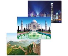 GREAT ART Set di 3 Poster XXL - Attrazioni Turistiche in Asia - Taj Mahal India Kowloon Hong Kong Grande Muraglia Cinese Decorazione Murale Interior Design cadauno 140 x 100 cm