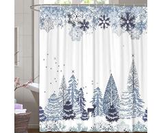 M&W DAS DESIGN Tenda da doccia natalizia, con stelle e neve, in tessuto bianco, resistente alla muffa, con 12 anelli a C, peso inferiore 180 x 200 cm