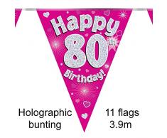 Happy 80° compleanno, rosa in alluminio olografico per feste con bandierine, lunghezza 3,9 m 11 bandierine