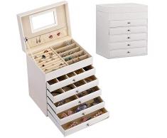BAKAJI Portagioie Scatola Portagioielli con Specchio 5 Cassetti e Scomparto Superiore Porta Gioielli in Eco Pelle Similpelle Bianco Interni Beige Dimensione 31 x 23,5 x 37 cm