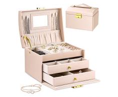 Xespis Portagioielli,Portagioie Donna con Specchio, Porta Gioielli in Pelle con 2 Cassetti, Scatola Portagioie per Anelli, Orecchini, Collane e Braccialetti Portagioie Portatile per Ragazze Regalo