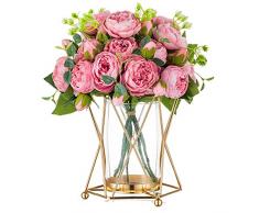 Vaso Fiori Vetro con Supporto Geometrico in Metallo, Portacandele doro per Candele A Colonna, Centrotavola Portacandele Uragano Alto 17cm per Ufficio A Casa Decorazioni per Matrimoni in Soggiorno