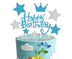 Decorazione per Torta Blu, Happy Birthday Cake Topper per Ragazze Ragazzi Donne Uomo Decorazione per Torte Compleanno, Stella Corona Cupcake Toppers per Bambini Compleanno Feste Glitter Forniture