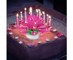Demiawaking Candela a Forma di Fiore Musicale Candele per Torta Particolari Candela Musicale Fiore di Loto Rotante Topper per Torta Decorazione per Torta di Compleanno (Rosa)