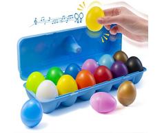 Prextex 12 Maracas Egg Shakers Giocattolo Musicale a percussione - 12 Uova di Pasqua in plastica a Colori in Scatola - Grande Giocattolo per lapprendimento del Ritmo per Bambini