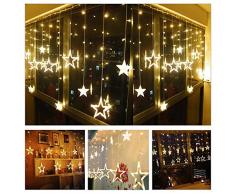 SUAVER Luci della stringa tenda LED con 138LED e 12 stelle pendenti,a batteria,per esterni e interni,impermeabile,luci decorative per Natale,matrimonio,camera da letto,giardino