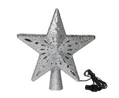 SZFREE - Puntale per albero di Natale con stelle lampeggianti 3D e luci LED girevoli a forma di fiocco di neve Silver