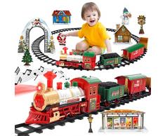 deAO Treno Classico con Luci e Suoni Set Natalizio di Binari, Locomotiva e 3 Carri Treno di Gioco Elettronico per Bambini Decorazioni Natalizie