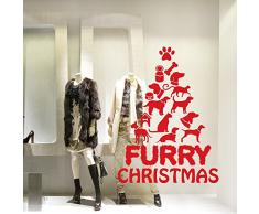 NT0311 Adesivi Murali Vetrofania natalizia "Furry Christmas" - Misure 89x120 cm - rosso - Vetrine negozi per Natale, stickers, adesivi
