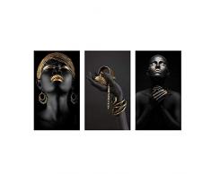 HONGC Quadro su Tela 3 Pezzi Mano Nera Contemplatore Nudo Africano Donna Pittura a Olio su Tela Poster e Stampe Immagine Artistica da Parete per Soggiorno 60x110cm / 23,6x43,3 x3 Senza Cornice