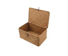 Esoes Cestino portaoggetti in vimini intrecciato in rattan con coperchio, cesto portabiancheria in alghe, organizer per trucco, per bagno, soggiorno, cucina (XL)
