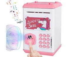 Salvadanaio Bambini Bambina Elettronico, Unicorno Password Impronte Digitali e Scansione Facciale, Digitale Mini ATM Monete e Banconote Cassaforte Cassa di Risparmio, Compleanno Regalo di Natale
