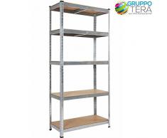 BAKAJI Scaffale Porta Oggetti, 5 Ripiani in Metallo Zincato, Grande Portata, Scaffalatura Garage Legno e Metallo (180 x 75 x 30 cm)