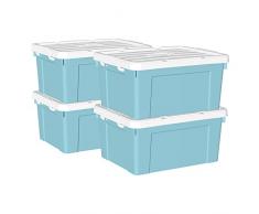 Cetomo Scatola portaoggetti in plastica 45L* 4, contenitore per organizzare con coperchio durevole e fibbie di chiusura sicura, impilabile e annidabile, confezione da 4, blu con fibbia