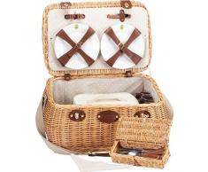 Les Jardins de la Comtesse - Cestino da Picnic Trocadero - Completo/4 Persone - Scomparto Rimovibile - Piatti in Ceramica/Bicchieri da Vino in Vetro - Tessuto a Punti Beige e Bianchi - 50 x 33 x 25 cm