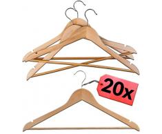 20 Grucce Appendiabiti in Legno Naturale - Con Barra Portapantaloni - Gancio girevole a 360° - Per Camicie, Magliette e pantaloni