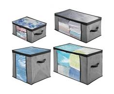 mDesign Set da 4 Scatole per armadi con cerniere e finestre - Scatole contenitori in plastica e fibra sintetica di misure diverse - Scatole per vestiti, biancheria, lenzuola, accessori - grigio e nero