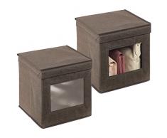 mDesign Set da 2 scatole portabiancheria - Scatole per armadi con coperchio e finestra in plastica - Scatola contenitore quadrata in tessuto sintetico per riporre vestiti e accessori - marrone scuro