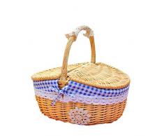 HXRZZG - Cestino da picnic in vimini, ovale, con doppio coperchio, in vimini intrecciato a mano, con fodera e maniglia, per vacanze e campeggio, colore: blu