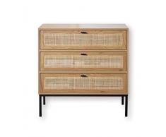 Cassettiera a 3 cassetti effetto legno con impagliatura in rattan - L80 cm