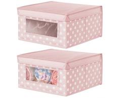 mDesign Set da 2 Scatole per armadi di misura media - Scatola contenitore in poliestere per vestitini e coperte - Pratico portabiancheria con coperchio e oblò frontale - rosa con pois bianchi