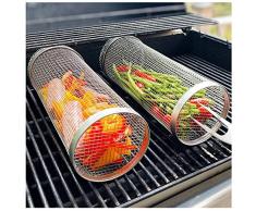 Cestino per Griglia TAIZER 2PCS Barbecue Grill Basket Rolling Grill Basket Acciaio Inox Girarrosto Basket Cestello per Griglia Rotante Campeggio Picnic Pentole Barbecue Cottura Grill Grill Accessori