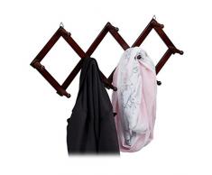 Relaxdays Appendiabiti da Parete in Legno, Attaccapanni Allungabile 10 Ganci per Abiti Stabile Pieghevole, Marrone Scuro