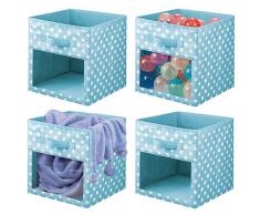 mDesign Set da 4 Contenitori per armadio - Scatole per armadi per coperte o vestitini - Scatola portaoggetti in fantasia a pois e con finestrella - turchese e bianco