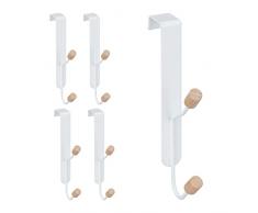 Relaxdays Ganci da Porta, Set 5 Appendini Sopraporta Doppio, Ferro & Legno, Attaccapanni, 16x28x7 cm, Bianco/Naturale