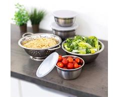 Relaxdays 10019118 Set 5 Ciotole in Acciaio Inox con Coperchio Salvafreschezza & Scolapasta, Inossidabile, Argento, 30x24x10 cm, 5 unitÃ