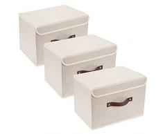 TYEERS Scatole Portaoggetti in Tessuto, Scatole per Armadio con Coperchio, Pieghevole, Lavabile, Contenitore per Armadio, Vestiti, Giocattolo - Set di 3 - Beige