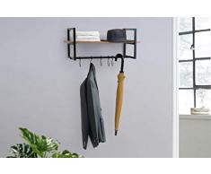 LIFA LIVING Appendiabiti da Muro Design con ripiano portaoggetti, Attaccapanni a Parete con mensola e 5 Ganci per Appendere Cappotti e Giacche, Legno e Metallo