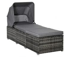 Outsunny Lettino Prendisole da Giardino in Rattan PE, Chaise Longue Sdraio da Piscina con Schienale Reclinabile a 4 Livelli, Tettuccio e Materassino, Grigio
