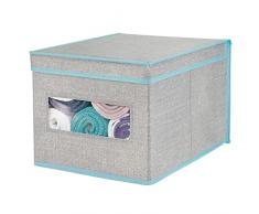 mDesign Scatola portaoggetti impilabile con Finestra Trasparente - Grande Box con Coperchio per l'armadio e Camera da Letto - Cesta per Vestiti con Coperchio in Fibra Sintetica - Grigio/Verde Acqua