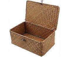 Cestino Portaoggetti, Seagrass Cesta Vimini con Coperchio Rattan Intrecciato Fatto a Manograss (Medio 26X16x10CM)