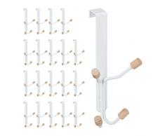 Relaxdays 20x Ganci da Porta, Set Appendini Sopraporta, Multiplo, Ferro & Legno, Attaccapanni, 19x9x8 cm, Bianco/Naturale
