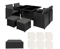TecTake 800857 Set di Mobili da Giardino, Resistente Rattan Sintetico, Alluminio Arredamento, Set 4 Sedie +Tavolo +4 Sgabelli, Involucro Protettivo (Nero)