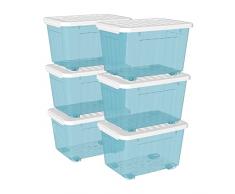 Cetomo Scatola portaoggetti in plastica 35L* 6, blu trasparente, contenitore organizzativo con coperchio durevole e fibbie di chiusura sicure, impilabile e annidabile, confezione da 6, con fibbia