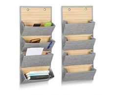 Relaxdays 2X Tasca Portaoggetti da Parete, Portagiornali, bambù e Iuta, per Ufficio, Corridoio, con 4 Scomparti, Grigio