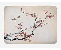 Tappeto da Bagno Natura, Rami di Fiori di ciliegio germogli e Uccelli Illustrazione Stile Asiatico con Effetto Vernice, Tappeto da Bagno in Peluche con appendino Antiscivolo, burgog Nero