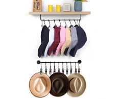 FNG8 Espositore Cappelli Nero per Berretti da Baseball [2 Pezzi] - Porta Cappelli da Parete con Ganci - Appendi Cappelli, Porta Sciarpe da Parete per Armadio e Negozi - 20 Ganci per Cappelli + 10 Clip