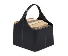 Relaxdays Porta Legna per Interni, Trasporto & Contenitore in finta pelle, Cesto, Accessori per il Camino con Manici, Nero