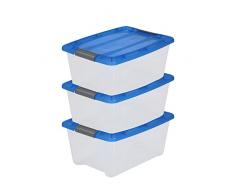 Iris Ohyama, Box, Portaoggetti in plastica, Lotto di 3 Scatole, 15 L, Con coperchio, Solido, Facile da trasportare, Solido, Camera da letto, Soggiorno, Camera da letto- New Top Box NTB-15 - Blu