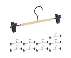 Relaxdays Set da 10 Pantaloni, Gonne etc, 2 Clip per Gruccia, Legno e Metallo, 11,5x30,5x3 cm, Nero/Naturale