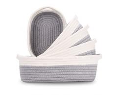 Owelth 5 Pezzi Cestini Portaoggetti Intrecciato in Corda di Cotone, Cesto Porta Giochi Bambino con Maniglie, Impilabile Scatola di Immagazzinaggio, Organizer Fasciatoio per Giocattoli, Cosmetico