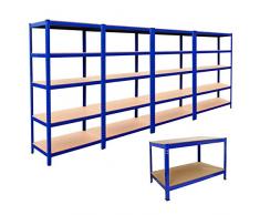 Monster Racking - 4 Scaffali T-Rax & Banco da Lavoro Q-Rax in Acciaio Senza Bulloni Blu tavolo da lavoro Scaffalature per Garages e Magazzino