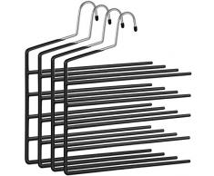 SONGMICS Grucce Multiple a 5 Barre, Set di 4 Grucce per Pantaloni, Grucce Salvaspazio con estremità Aperte, Antiscivolo e Resistenti, per Jeans Asciugamani Sciarpe, Nero CRI034B02