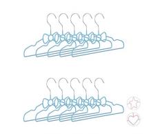 Relaxdays Set da 10 Grucce per Bambini, Decorate, Salvaspazio, Appendini, Stampelle, 30 cm, Fiocco, Ferro, Celeste