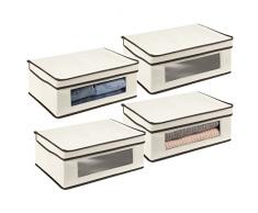 mDesign Set da 4 scatole portabiancheria - Scatole per armadi con coperchio e finestra trasparente - Scatola contenitore rettangolare in tessuto sintetico per vestiti e accessori - crema/marrone
