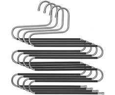 SONGMICS Grucce Multiple per Pantaloni, Set di 4 Grucce Salvaspazio in Metallo a 5 Strati, Appendini a S, Multiuso e Antiscivolo, Jeans Sciarpe Asciugamani Cravatte, Color Argento e Nero CRI043BK